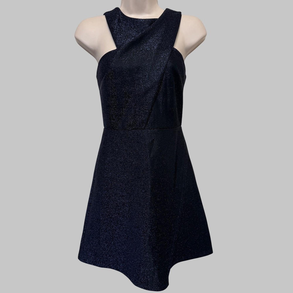 Topshop Womens Dress Size 2 Navy Blue Metallic Shimmer Crossover Party Glam
